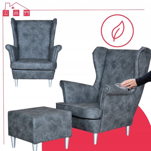 SZARY fotel uszak eko skóra skandynawski z podnóżkiem Ari Family Meble na Arena.pl