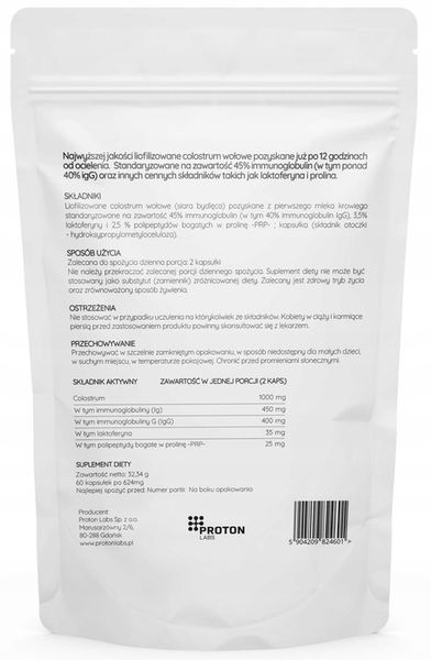 PROTON LABS Colostrum 45% IG 1000mg Liofilizowane 60szt. siara zdjęcie 2