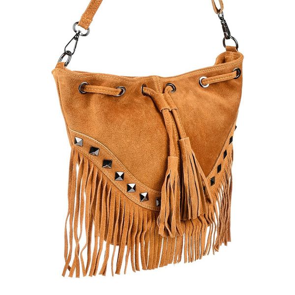 VERA PELLE torebka zamszowa listonoszka boho z ćwiekami V418 j.różowa zdjęcie 4