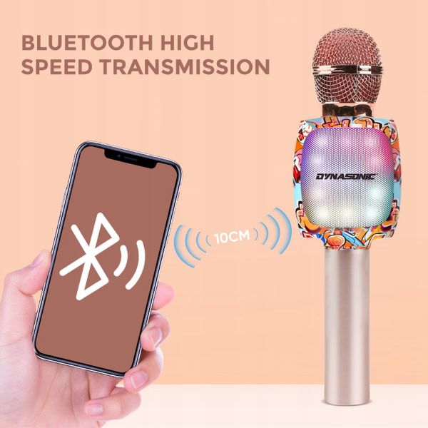 Mikrofon bezprzewodowy DYNASONIC DM-05 do karaoke Bluetooth RGB Złoty zdjęcie 4