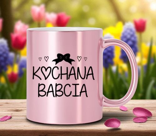 KUBEK RÓŻOWY PREMIUM Z NADRUKIEM BABCIA PREZENT DLA BABCI URODZINY IMIENINY na Arena.pl