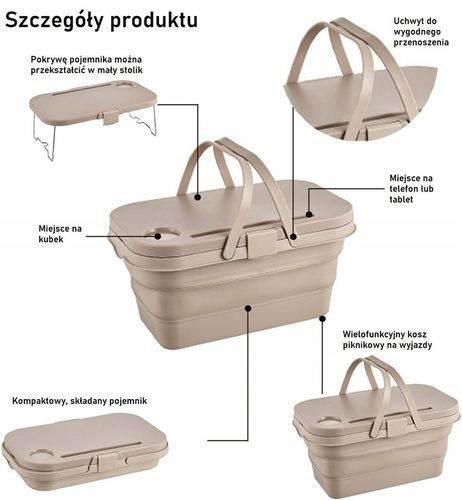 SKŁADANY KOSZ PIKNIKOWY 3W1 PIKNIK FUNKCJA STOLIKA POJEMNIK STOLIK na Arena.pl