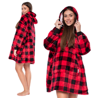 Bluza Koc Oversize z Kapturem Sherpa Czarno Czerwona w Kratkę 2w1 Gruby