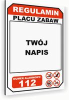 Tabliczka znak informacyjny 20x15 Biała REGULAMIN PLACU ZABAW Aluminiowa