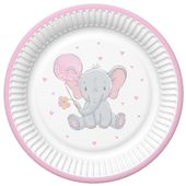 Talerzyki papierowe słonik różowy baby shower dla dziewczynki duże 23 cm 8 szt.
