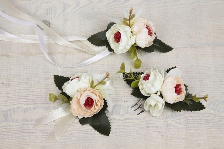 Kotylion na rękę stylowy kamelia KREMOWY ślub bal zdjęcie 5