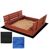 Piaskownica zamykana z ławkami 140x140 cm drewno impregnowane, z włókniną i plandeką, kasztanowy brąz