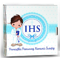 kasetka kwadrat (życzenia + kopertka) 16 x 16cm KOMUNIA ŚW NIEBIESKA