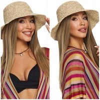 KAPELUSZ damski na lato letni SŁOMKOWY SŁOMIANY ażurowy bucket hat beżowy