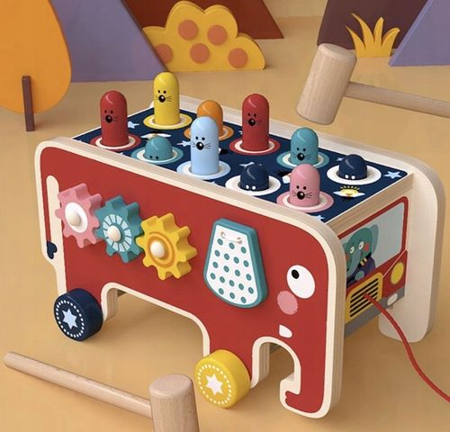 Drewniana Kostka Edukacyjna Słoń Wbijak Młotek Zabawka Prezent dla Dzieci na Arena.pl