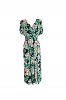 Elastyczna Maxi Długa Sukienka W Kwiaty Gumka W Talii Czarny Z Zielonym