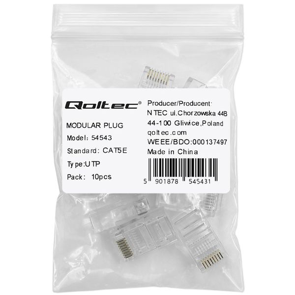 Qoltec Wtyk przelotowy złącze RJ45 CAT5e UTP Pozłacane styki 10 sztuk zdjęcie 2