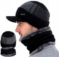 Zimowy Męski Ciepły Komplet Czapka Z Daszkiem Komin Na Zimę Ocieplany