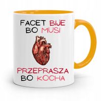 Kubek Żółty Śmieszny Zabawny Facet Bije Bo Musi Z Nadrukiem Ze Zdjęciem
