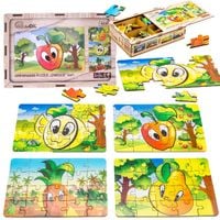 drewniane puzzle 4w1 owoce układanka zestaw ananas gruszka cytryna