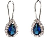 KLASYCZNE WISZĄCE RODOWANE SREBRNE KOLCZYKI ŁEZKI SZAFIROWE BIAŁE CYRKONIE