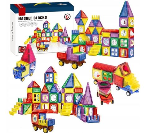 Klocki Magnetyczne 3D Zamek i Pojazdy Duży Zestaw 110 Elementów Edukacyjne na Arena.pl