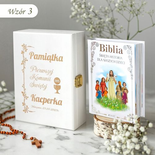 PAMIĄTKA KOMUNII ŚWIĘTEJ BIBLIA W PUDEŁKU PREZENT NA KOMUNIĘ UPOMINEK na Arena.pl
