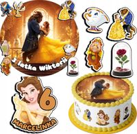 ZESTAW OPŁATEK NA TORT 20CM + 17 POSTACI - PIĘKNA I BESTIA + IMIĘ 15CM 18CM