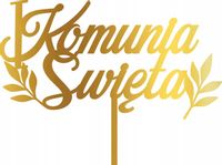 TOPPER NA TORT PIERWSZA KOMUNIA ŚW. NOWOCZESNY LISTKI ZŁOTE LUSTRO