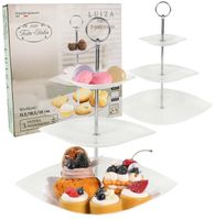 PATERA PORCELANOWA NOWOCZESNA BIAŁA 3 POZIOMOWA TACKA NA CIASTO SREBRNA