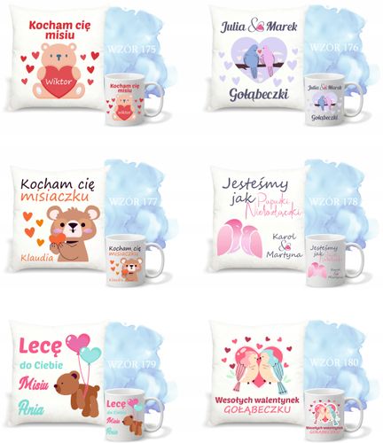 Walentynkowy Zestaw PODUSZKA i KUBEK prezent z TWOM NAPISEM IMIONAMI na Arena.pl