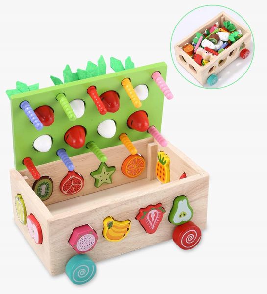 Układanka Montessori Sorter Klocków Złap Robaczka Drewniany Wózek Marchewki zdjęcie 15