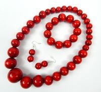 Czerwone KORALE góralskie FOLK drewniane NASZYJNIK kolczyki ZESTAW KOMPLET