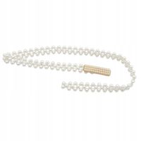 Pasek damski perełki na gumce prostokątna złota klamra z drobnymi perełkami