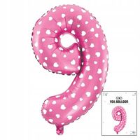 BALON FOLIOWY CYFRĄ CYFERKA 9 RÓŻOWA W KROPKI NA IMPREZE URODZINOWĄ 40cm