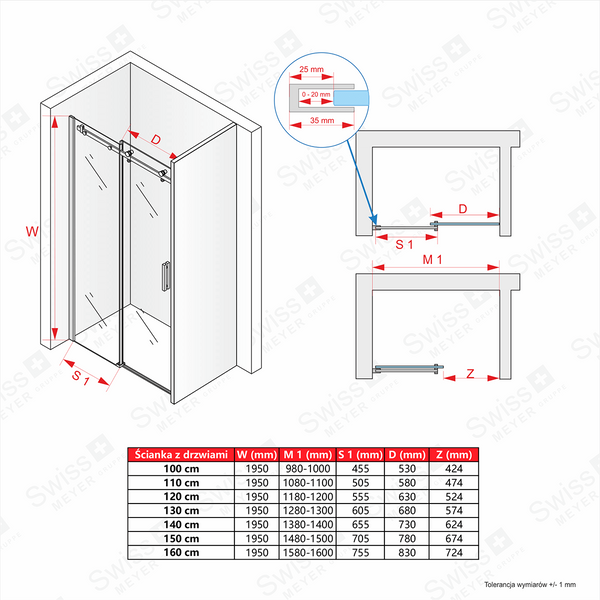 Drzwi prysznicowe przesuwne MSV200 - SWISS MEYER 150 cm zdjęcie 7