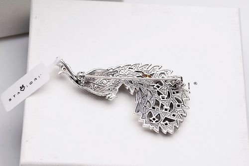 srebrna, piękna broszka z markazytami, onyksem i granatem - paw na Arena.pl