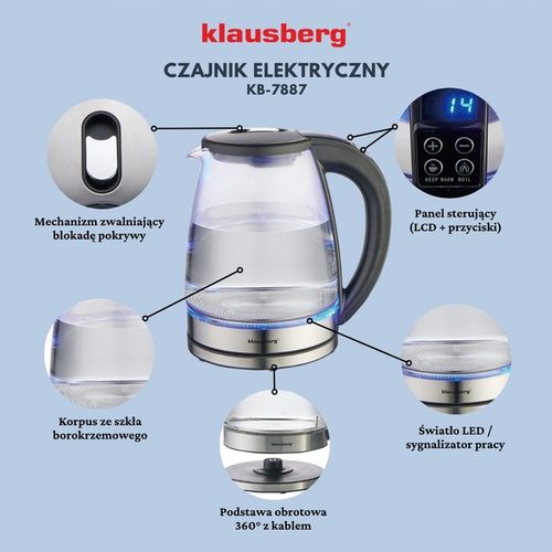 Czajnik elektryczny szklany Regulacja Temp. Klausberg KB-7887 1.8L LED LCD na Arena.pl