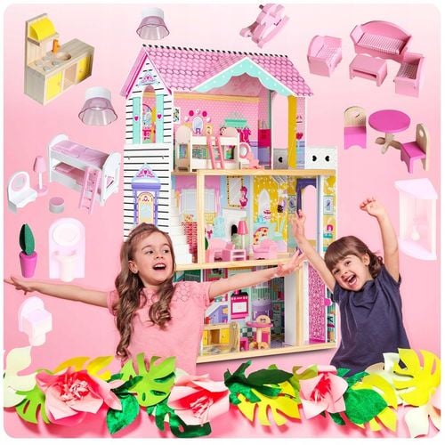 XXL DUŻY DREWNIANY RÓŻOWY DOMEK DLA LALEK MEBLE WINDA AKCESORIA LED na Arena.pl