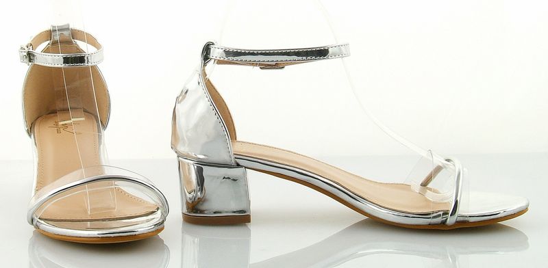 Sandały na słupku 4,5 cm. piętka pasek srebrne Rozmiar obuwia - 37 zdjęcie 3