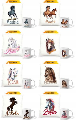 Zestaw PODUSZKA + KUBEK z nadrukiem IMIĘ TEKST NA PREZENT KOŃ KONIE na Arena.pl