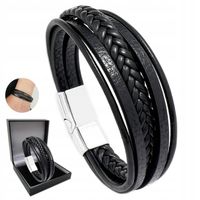 SREBRNA SKÓRZANA Bransoletka Męska Gruba Elegancka Bransoleta + GRATIS