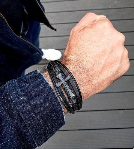 Bransoletka męska KRZYŻ skórzana dla TATY brata z grawerem na Arena.pl