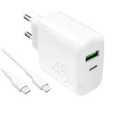 ładowarka sieciowa usb-c usb-a pd z kablem usb-c 45w - biała