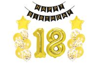 Zestaw balonów, Na 18 (osiemnaste) urodziny, złoty, 16 szt. plus baner