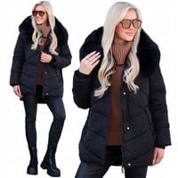 LEXI Klasyczna Luźna KURTKA Damska Pikowana Kaptur Z Futerkiem Czarny