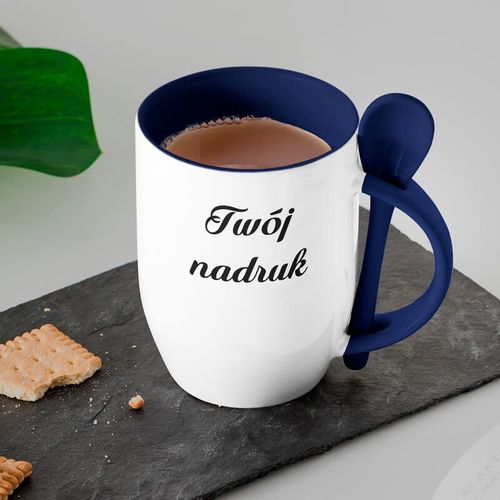 Kubek z łyżeczką z Twoim nadrukiem - granatowe wnętrze, uszko i łyżeczka na Arena.pl