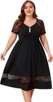 Koronkowa Sukienka Midi V-Neck z Kieszeniami Czarna Plus Size XL