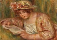 Andrée in a Hat, Reading, Pierre-Auguste Renoir - plakat 50x40 cm