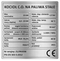 Tabliczka znamionowa na piec, kocioł - 5 klasa