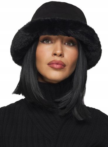 CZAPKA DAMSKA zimowa ciepła z futrem futrzana eko zamsz bucket czarna na Arena.pl
