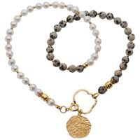 Naszyjnik z Pereł i Jaspisu Dalmatyńskiego z młotkowaną zawieszką – srebro pozłacane 24k