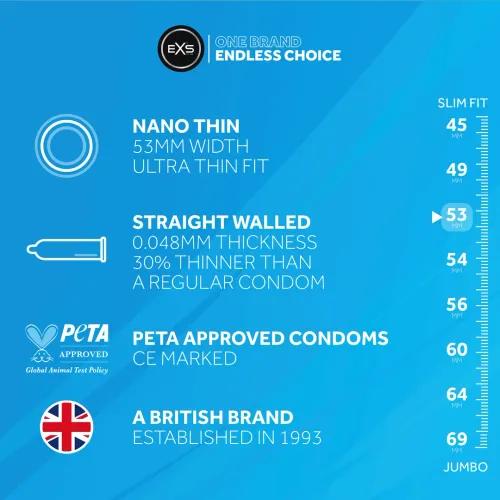 exs nano thin prezerwatywy ultra cienkie 100 sztuk, szerokość 53 mm na Arena.pl