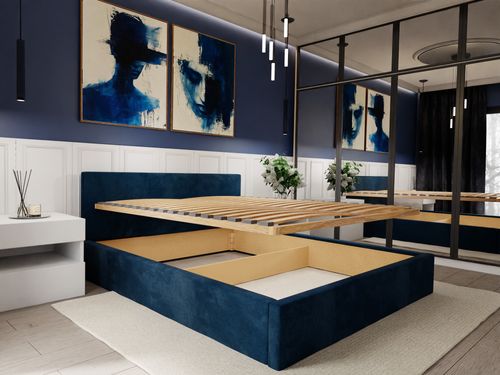 ŁÓŻKO TAPICEROWANE 140x200 ŁÓŻKO PODWÓJNE Z POJEMNIKIEM GRANATOWE na Arena.pl