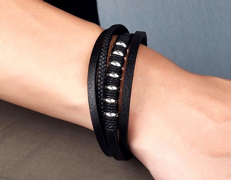Czarna Bransoletka Punk Warkocz Męska Stal Skóra zdjęcie 8